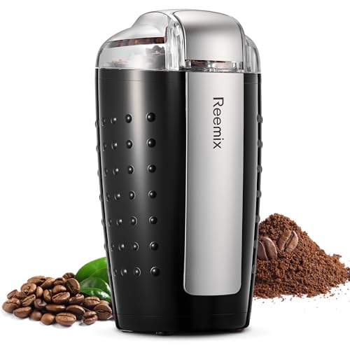 Electric Coffee Grinder with 3.5 oz capacity, one-touch operation, stainless steel blade, and included cleaning brush and spoon. Ideal for home use