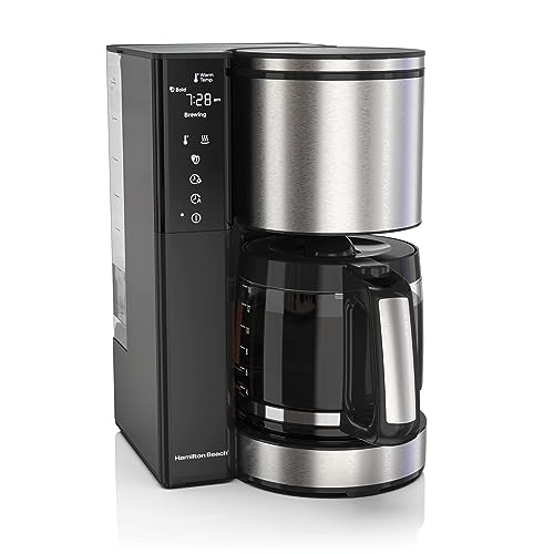 Hamilton Beach 14 Cup Programmable Coffee Maker with Easy Measure Filter, Touch-Activated Display, and Removable Water Reservoir in Black and Stainless Steel.