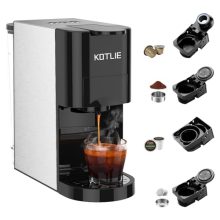 KOTLIE 4-in-1 Espresso Machine with options for Nespresso, K-Cups, Ground Coffee, and ESE pods, featuring a sleek and compact design.