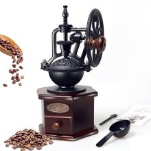 Vintage Wooden Coffee Grinder with Ceramic Core and Cast Iron Wheel for Fresh Coffee Grinding