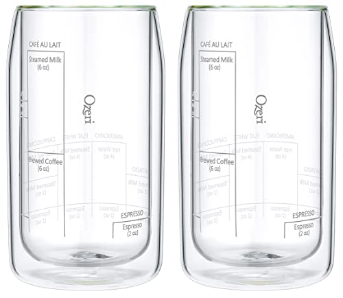 Set of two Ozeri Moderna 15oz double-wall coffee glasses with measurement lines, beautifully displayed on a kitchen counter