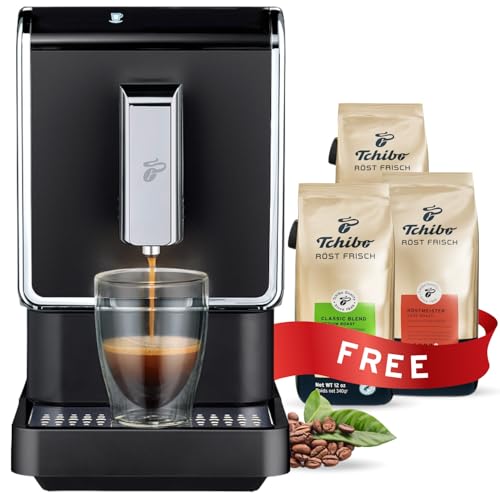 Tchibo Single Serve Coffee Maker with Built-In Grinder – Compact Automatic Espresso Machine with 3 Bags of Whole Beans