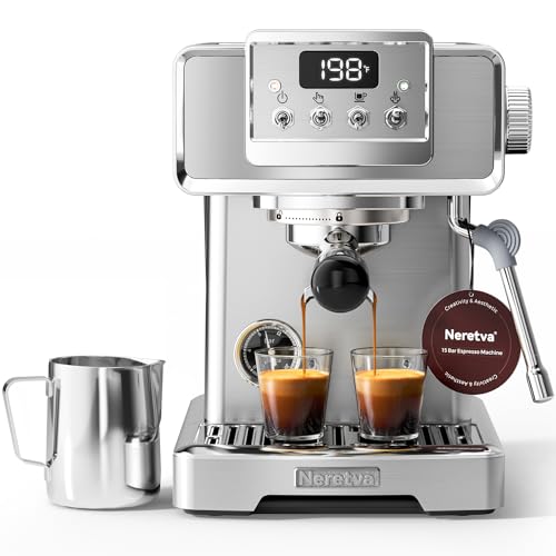 Neretva Espresso Machine - 15 Bar, Stainless Steel with LCD Display, 60oz Water Tank, and Milk Frother for Home Baristas