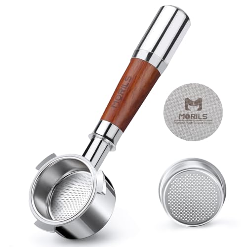 54mm bottomless portafilter with walnut wood handle, double shot filter basket, and stainless steel puck screen, designed for Breville machines.