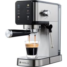 Compact dual boiler espresso machine with a 20-bar pump and LCD touch control. Features a steam wand for cappuccinos and lattes, designed for home use with a sleek, space-saving design.