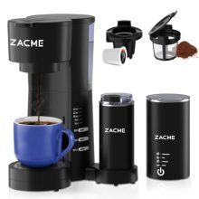 ZACME 4-in-1 Single Serve Coffee Maker with grinder and milk frother, featuring five brew sizes and a compact design, perfect for home or office use