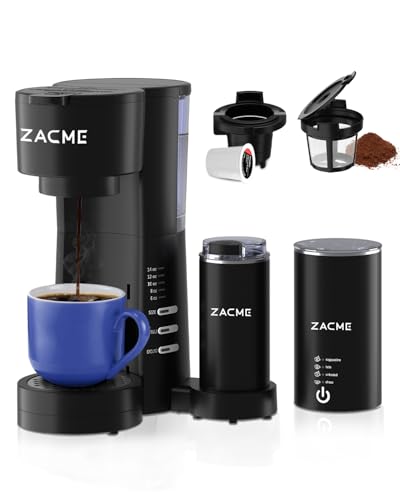 ZACME 4-in-1 Single Serve Coffee Maker with grinder and milk frother, featuring five brew sizes and a compact design, perfect for home or office use