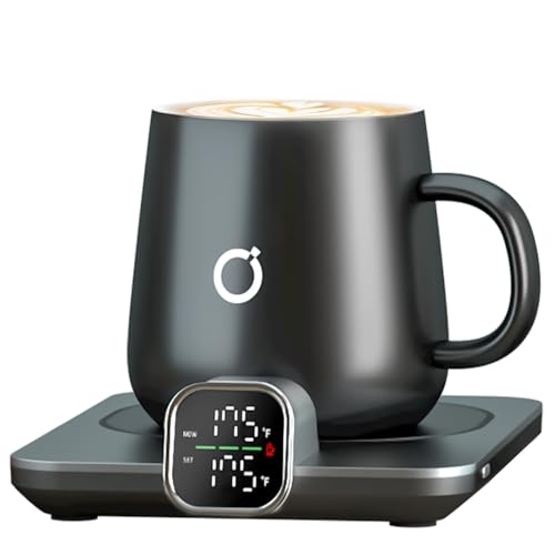 Ikago Smart Heated Coffee Mug Warmer & Mug Set featuring a 15oz ceramic mug with a sapphire-colored handle, a matching lid, and a coffee spoon.