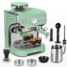 Amaste Espresso Machine with Grinder in matcha green, featuring a 15-bar pressure pump, powerful steam wand