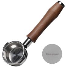 Coosigar 58mm bottomless portafilter with polished stainless steel head and natural walnut wood handle, compatible with E61 group head espresso machines