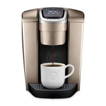 Keurig K-Elite Single Serve Coffee Maker in Brushed Gold with Strong Brew and Iced Setting on Kitchen Counter