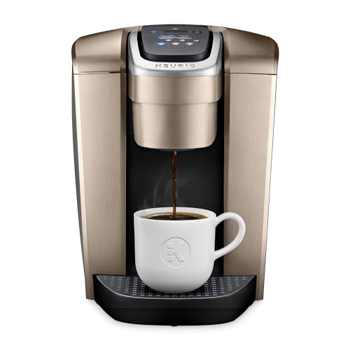 Keurig K-Elite Single Serve Coffee Maker in Brushed Gold with Strong Brew and Iced Setting on Kitchen Counter