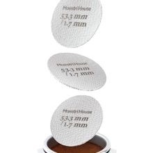 Maestri House 53.3mm puck screen - stainless steel metal filter for 54mm portafilter espresso machines, showcasing 1.7mm thickness and 150μm micron mesh for optimized coffee extraction