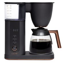 Matte Black Café Specialty 10-Cup Drip Coffee Maker with glass carafe, WiFi connectivity, voice-to-brew control, reusable filter basket, and digital display.  Maker