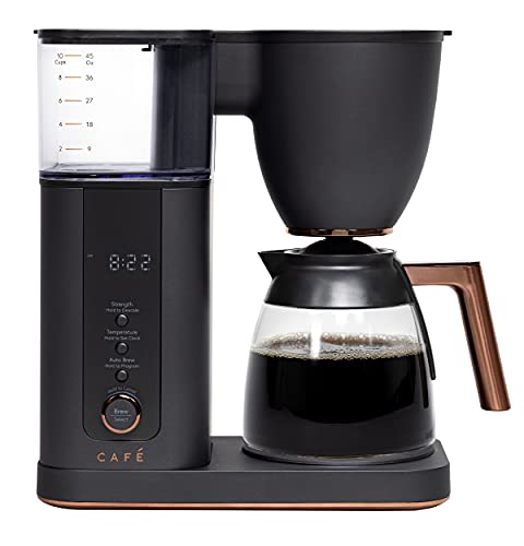 Matte Black Café Specialty 10-Cup Drip Coffee Maker with glass carafe, WiFi connectivity, voice-to-brew control, reusable filter basket, and digital display.  Maker