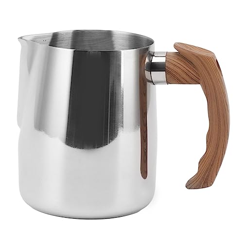 36oz Stainless Steel Milk Frothing Pitcher with Wooden Handle and Inner Scale, showing the pointed spout and ergonomic design for precise latte art and easy pouring