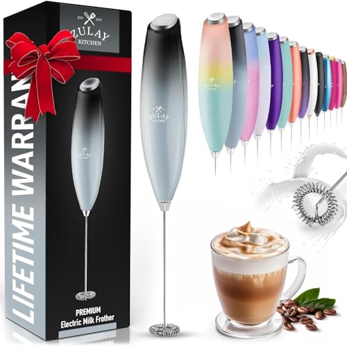 Zulay Powerful Handheld Milk Frother with Stainless Steel Whisk, designed for lattes, matcha, and more. Includes ergonomic handle and simple on/off button.