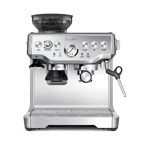 Certified Remanufactured Breville Barista Express Espresso Machine in stainless steel, featuring an integrated grinder, precision temperature control, and manual microfoam milk texturing for professional-quality coffee at home.