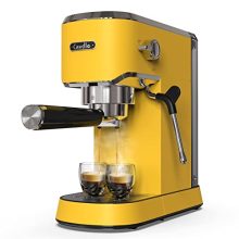 Compact and stylish CAVDLE Espresso Machine in matte yellow with 20-bar pressure system and milk frother, perfect for home use. 