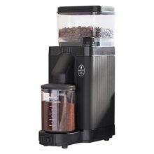 Moccamaster 49501 KM5 Coffee Grinder in matte black, featuring a stepless rotary knob for precise grind size adjustments and a durable aluminum construction
