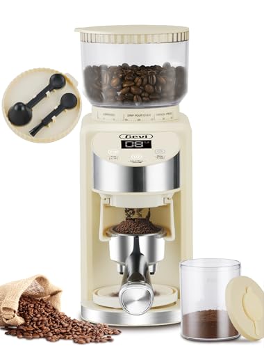 Gevi Electric Burr Coffee Grinder with 35 Grind Settings for Espresso, Drip Coffee, and French Press, featuring a large capacity bean box and ground coffee container