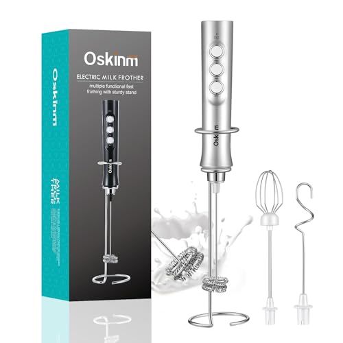 Oskinm Handheld Milk Frother with three stainless steel whisks and USB rechargeable design, perfect for making coffee, lattes, and other drinks.