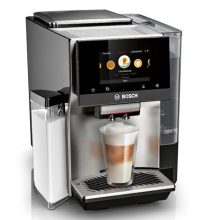 Bosch VeroCafe 800 Series Fully Automatic Espresso Machine in silver, featuring an integrated milk container, Home Connect app compatibility, and a display for selecting from 36 coffee varieties.