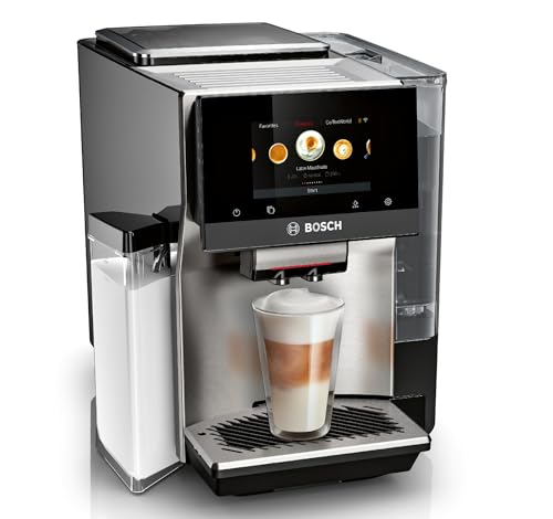 Bosch VeroCafe 800 Series Fully Automatic Espresso Machine in silver, featuring an integrated milk container, Home Connect app compatibility, and a display for selecting from 36 coffee varieties.