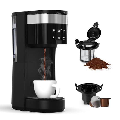 Compact Single Serve Coffee Maker with Self-Cleaning, ideal for office and travel use, featuring a 30oz reservoir and a versatile brewing system for K-cups and ground coffee.