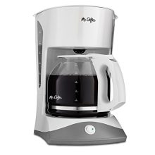 White Mr. Coffee 12-Cup Manual Coffee Maker with dual water window and Grab-A-Cup Auto Pause feature