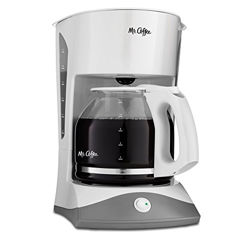 White Mr. Coffee 12-Cup Manual Coffee Maker with dual water window and Grab-A-Cup Auto Pause feature