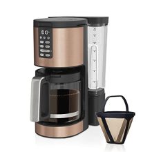 Ninja DCM201CP Programmable XL 14-Cup Coffee Maker with Copper Finish, displaying the carafe, permanent filter, and control panel.