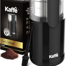Compact Kaffe Electric Coffee Grinder with Removable Cup and Stainless Steel Blades, shown with cleaning brush and clear lid