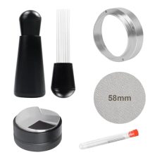 58mm Espresso Tool Kit including a WDT tool, dosing funnel, puck screen, and tamper, with 12 replacement needles. Essential accessories for precise and efficient espresso brewing