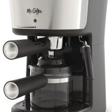 Mr. Coffee® 4-Shot Steam Espresso Maker in black with integrated frothing wand and glass carafe