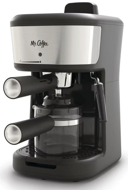 Mr. Coffee® 4-Shot Steam Espresso Maker in black with integrated frothing wand and glass carafe