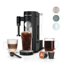 Compact black Ninja PB051 single-serve coffee maker with built-in milk frother and 56-oz. removable water reservoir