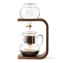 MOICA M40 Dutch Coffee Maker with elegant wooden stand, glass water bottle, and copper valve for precise cold brew extraction