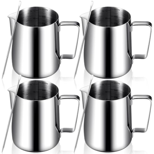 Dandat 4-Piece Milk Frothing Pitcher Set: 12 oz Stainless Steel Pitchers with Latte Art Pens for Espresso and Cappuccino