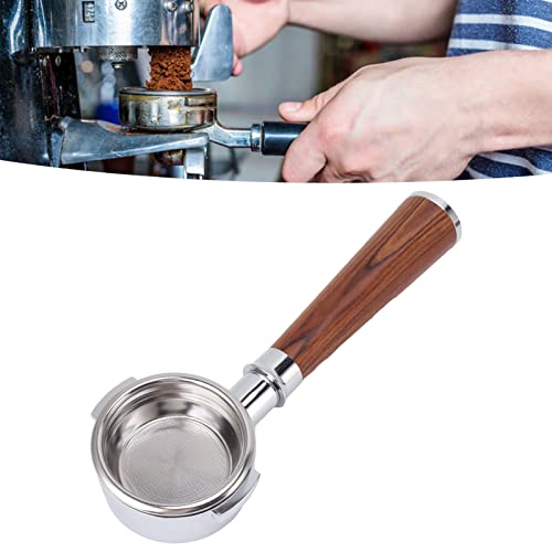 58mm Bottomless Portafilter with rosewood handle and aluminum alloy construction, designed for universal compatibility with espresso machines, offering clear visibility of coffee extraction and optimal filtration.