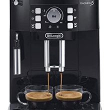 Sleek Delonghi super-automatic espresso coffee machine with adjustable grinder and manual milk frother, perfect for brewing espresso, cappuccino, and latte at home. 