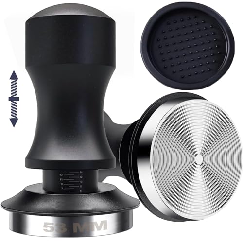 53mm LUMENIZE auto espresso tamper with 30lbs spring-loaded pressure, stainless steel base, and ergonomic aluminum alloy handle. Designed for 54mm portafilters with a unique grip and auto-calibrated mechanism for optimal tamping