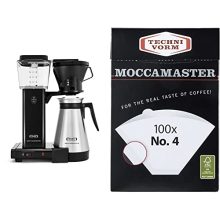Technivorm Moccamaster 79114 KBT Coffee Brewer in black with 40 oz capacity and #4 white paper filters (100-count). Includes a stainless steel thermal carafe and manual adjust brew basket
