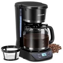 Aigostar 12-Cup Programmable Coffee Maker with glass carafe, featuring auto pause, 24-hour timer, and permanent filter, designed for easy use and maintenance.