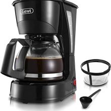 Gevi 4-Cup Compact Coffee Maker with glass carafe and warming plate, featuring a reusable filter, pause & serve functionality, and easy operation for home or office use.