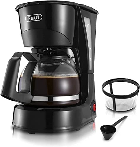 Gevi 4-Cup Compact Coffee Maker with glass carafe and warming plate, featuring a reusable filter, pause & serve functionality, and easy operation for home or office use.