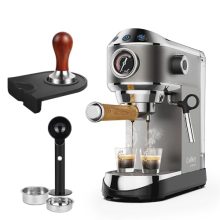 Biolomix 20 Bar Espresso Coffee Maker with milk frother, including a coffee tamper and tamping mat, designed for espresso, cappuccino, latte, and mocha preparation. Features a 1.6L removable water tank.