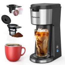 Famiworths Single Serve Coffee Maker brewing a cup of iced coffee, showcasing its sleek design and versatility