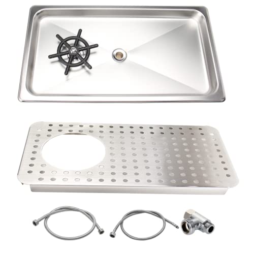 Premium stainless steel glass rinser with spray nozzle, drip tray, and drying rack. Includes inlet and outlet pipes, and 3-way Tee Connector Adapter. Ideal for espresso cups and barware.