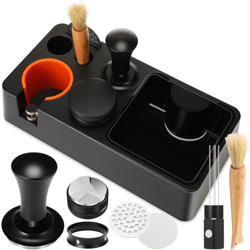 Nuogo 8-in-1 Espresso Knock Box Kit including a ceramic dosing tray, espresso tamper, wooden tamper station base, distributor, and puck screen. Complete espresso accessories set for home coffee enthusiasts